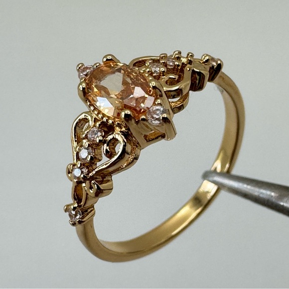 Art Deco Style Champagne Topaz CZ Ring Gold Vintage Inspired Filigree Cocktail - Picture 3 of 8